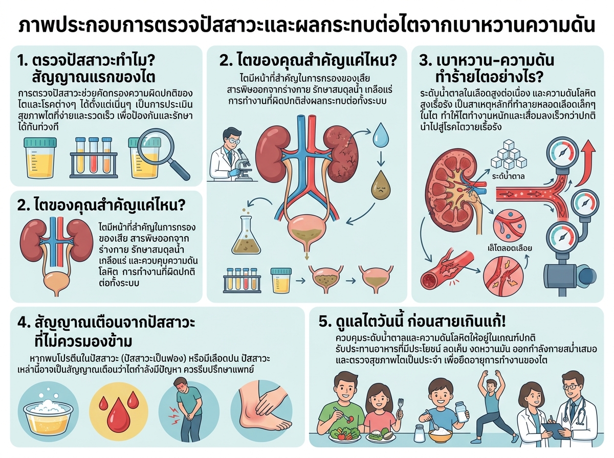 ผู้ป่วยเบาหวานและความดันโลหิตสูงกำลังดูผลตรวจปัสสาวะกับแพทย์