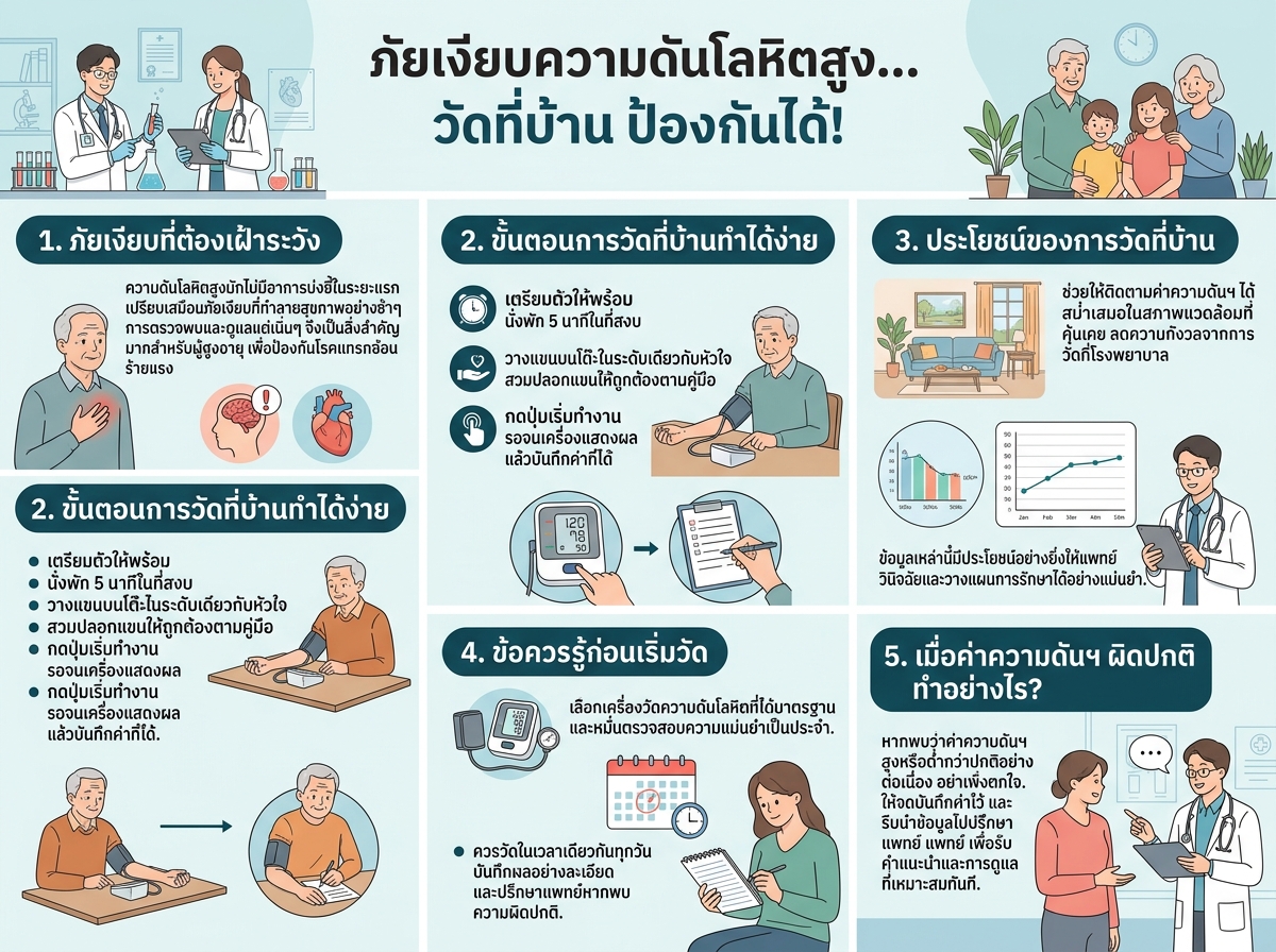 ผู้สูงอายุหญิงกำลังวัดความดันโลหิตที่บ้าน