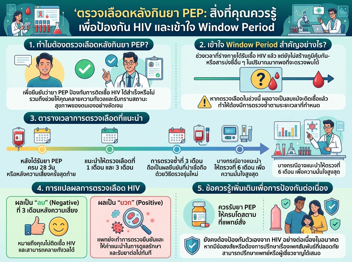 ตารางตรวจเลือดหลังกินยา PEP เพื่อป้องกัน HIV และอธิบาย Window Period
