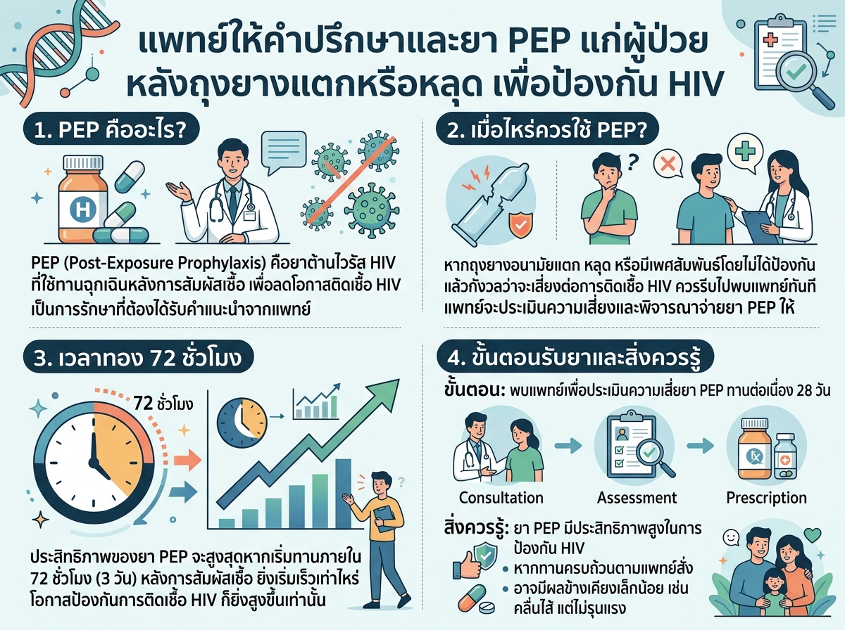 แพทย์ให้คำปรึกษาและยา PEP แก่ผู้ป่วยหลังถุงยางแตกหรือหลุด เพื่อป้องกัน HIV