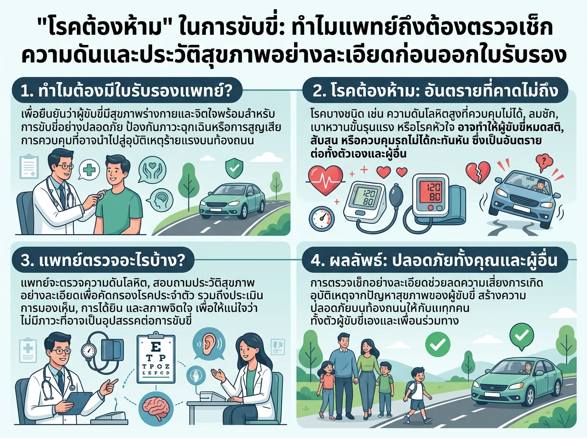 แพทย์กำลังตรวจเช็กความดันโลหิตให้ผู้ป่วยเพื่อประเมินความพร้อมในการขับขี่