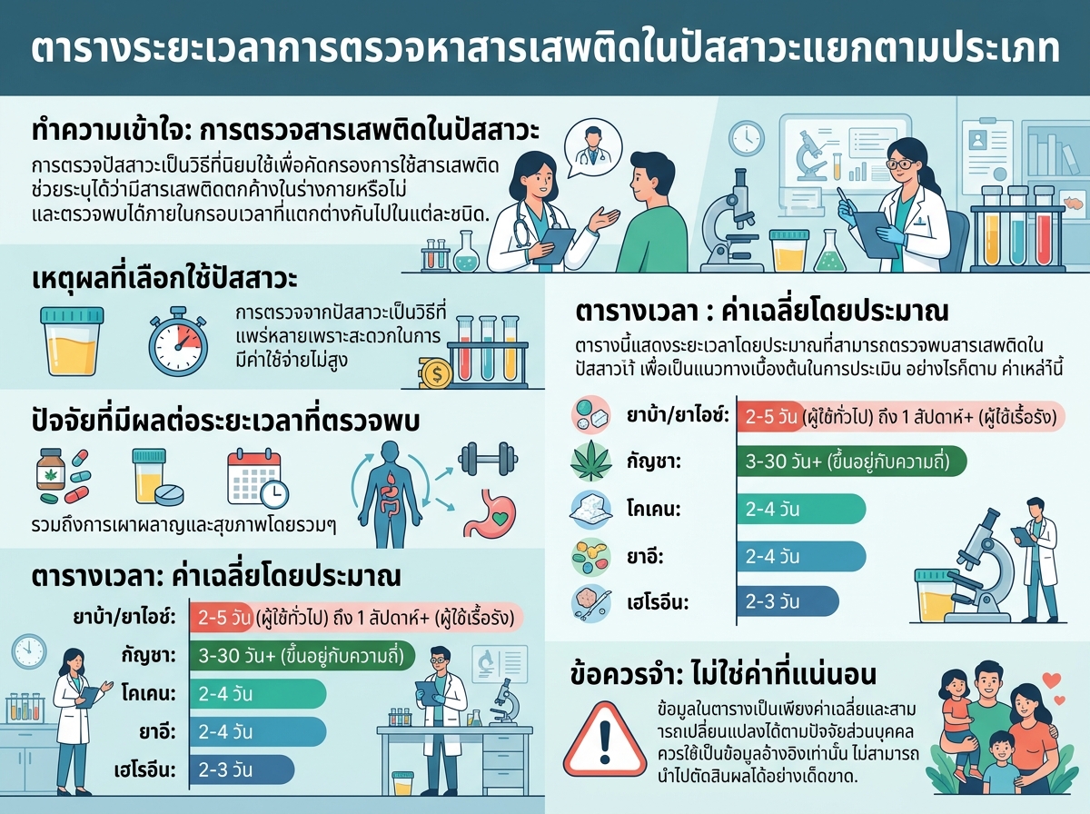 ตารางระยะเวลาการตรวจหาสารเสพติดในปัสสาวะแยกตามประเภท
