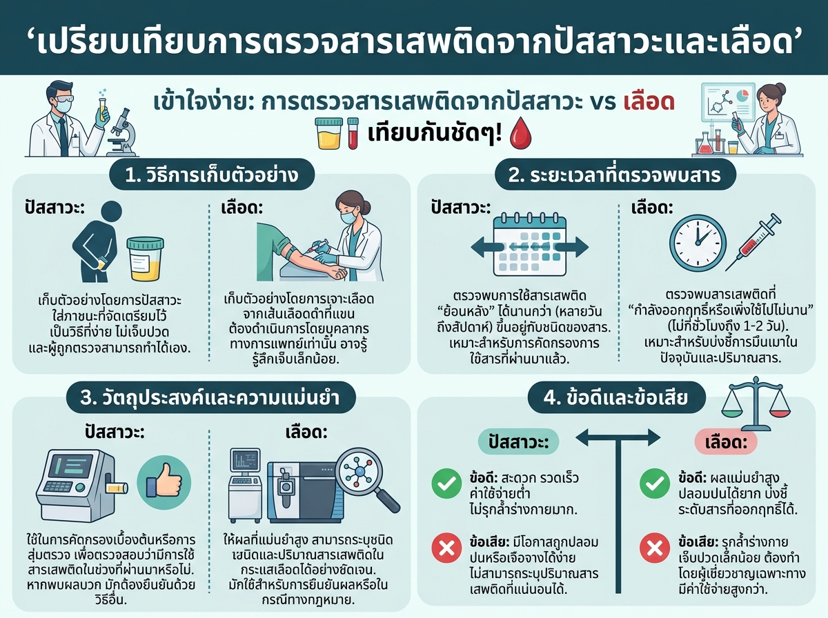 เปรียบเทียบการตรวจสารเสพติดจากปัสสาวะและเลือด