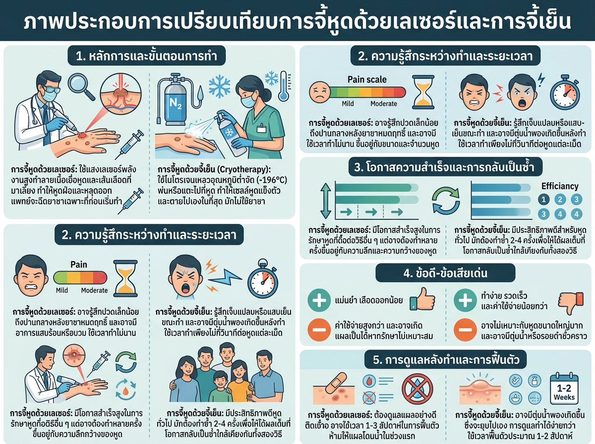 ภาพประกอบการเปรียบเทียบการจี้หูดด้วยเลเซอร์และการจี้เย็น