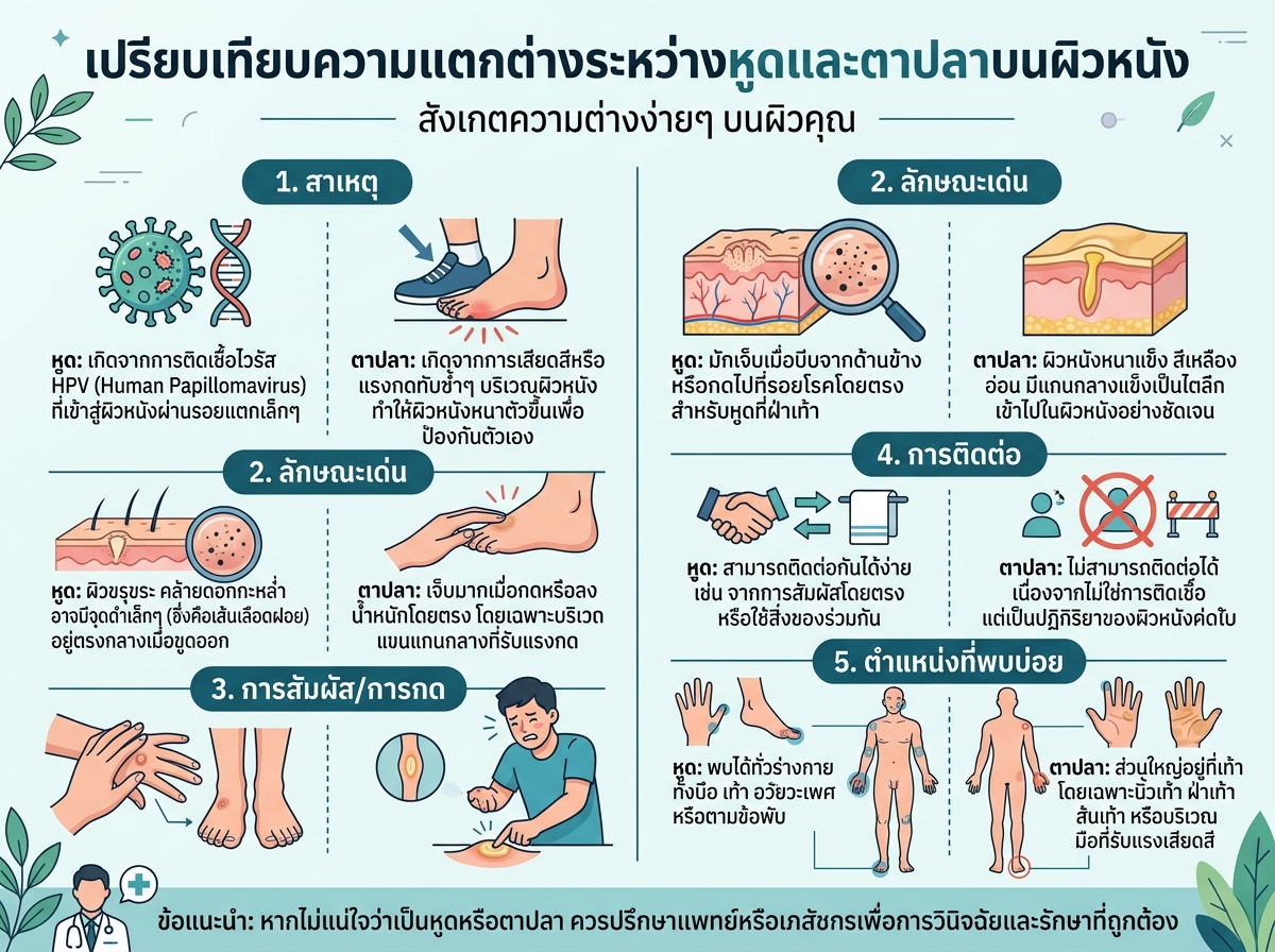 เปรียบเทียบความแตกต่างระหว่างหูดและตาปลาบนผิวหนัง
