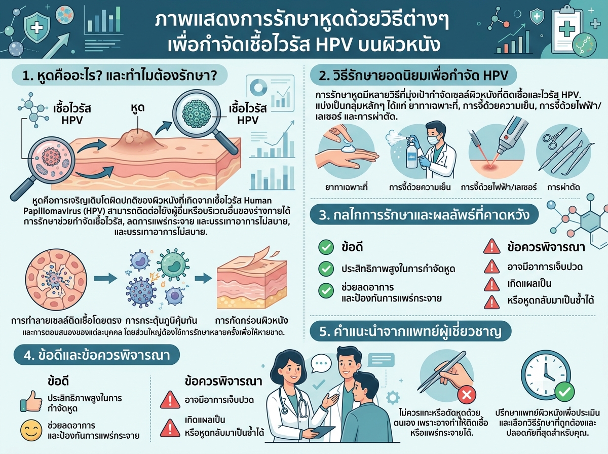 ภาพแสดงการรักษาหูดด้วยวิธีต่างๆ เพื่อกำจัดเชื้อไวรัส HPV บนผิวหนัง