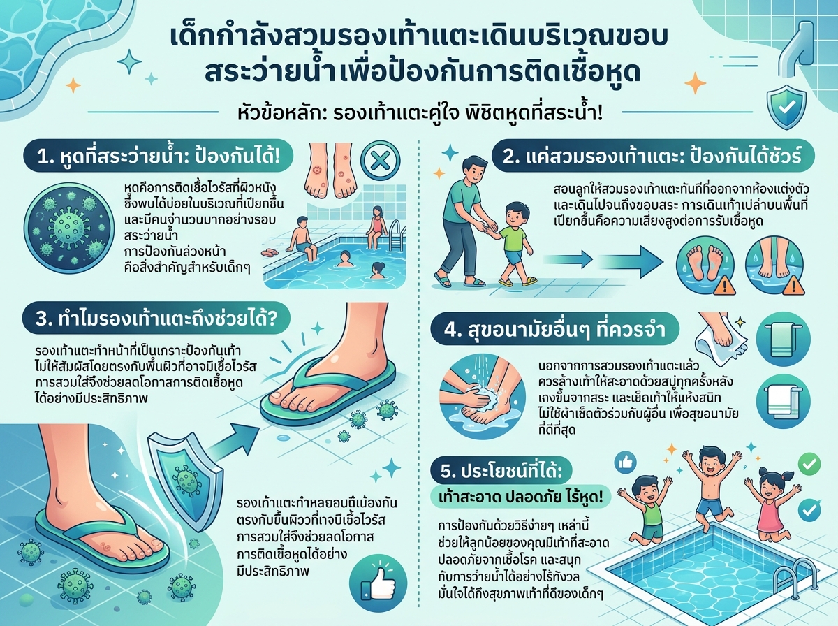 เด็กกำลังสวมรองเท้าแตะเดินบริเวณขอบสระว่ายน้ำเพื่อป้องกันการติดเชื้อหูด
