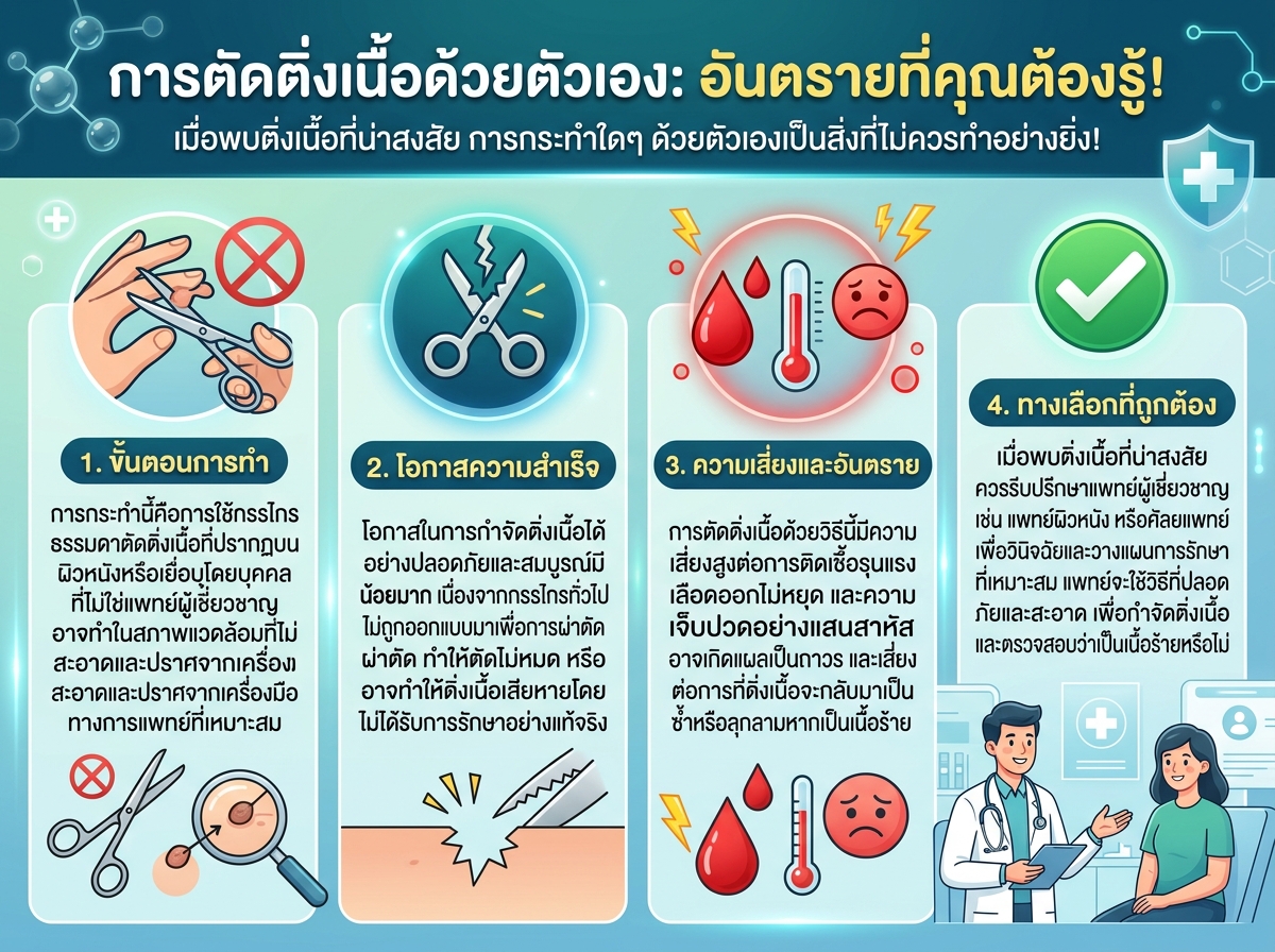 ภาพแสดงมือที่กำลังตัดติ่งเนื้อด้วยกรรไกรอย่างอันตราย