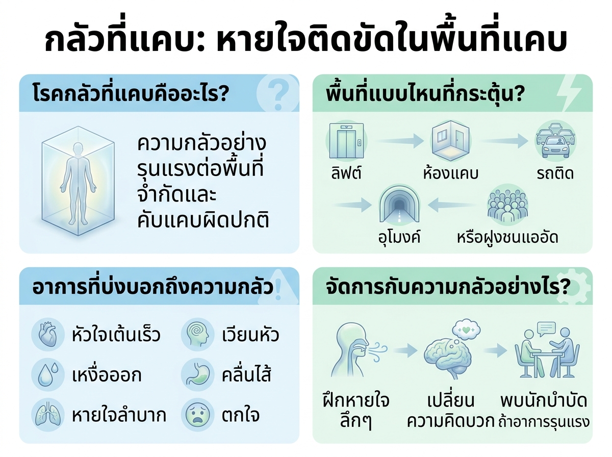 ผู้ชายกำลังหายใจติดขัดในพื้นที่แคบ สื่อถึงโรคกลัวที่แคบ