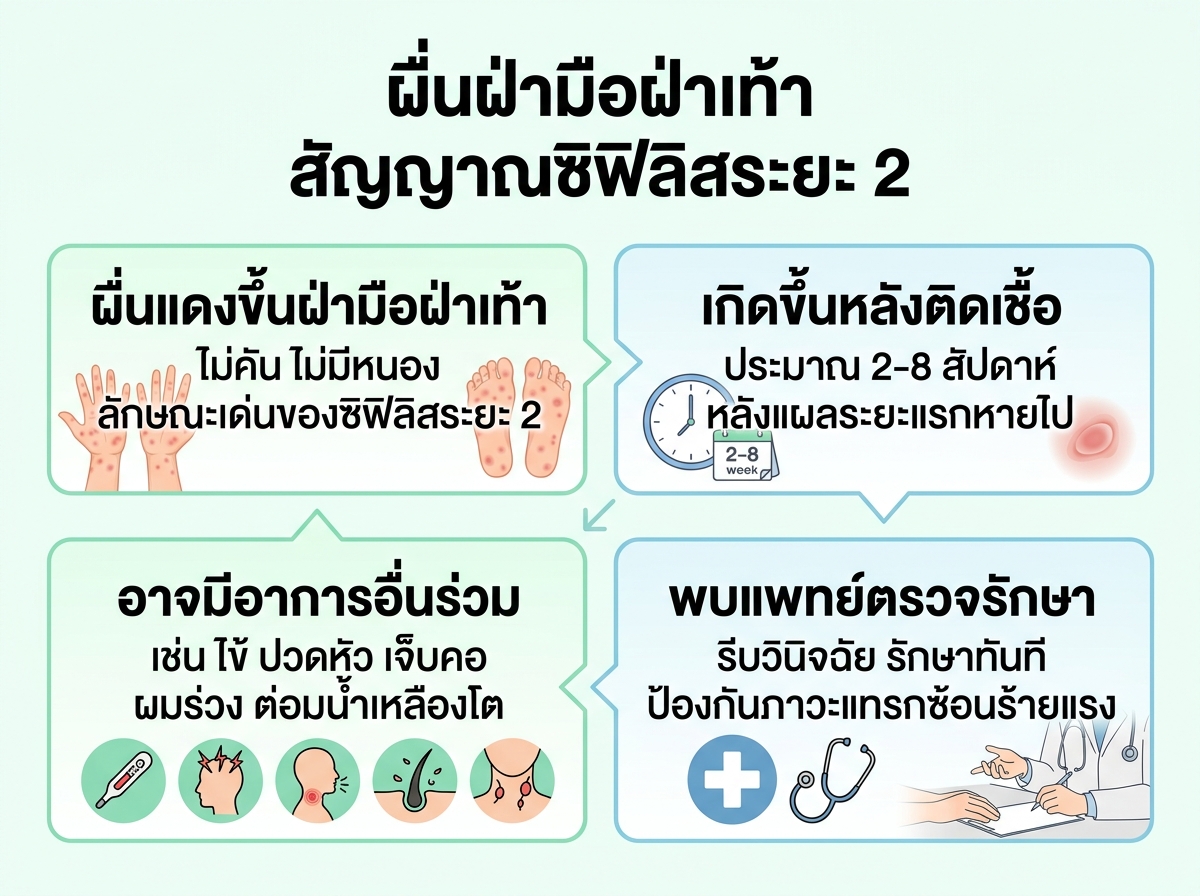 ผื่นแดงขึ้นฝ่ามือฝ่าเท้า ไม่คัน สัญญาณซิฟิลิสระยะที่ 2