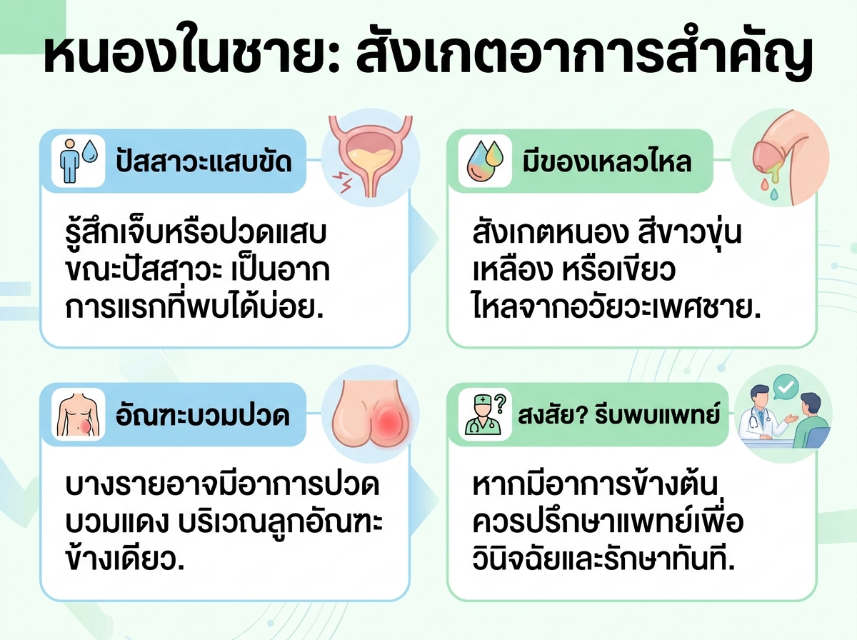 ผู้ชายมีอาการปัสสาวะแสบขัดและมีของเหลวไหลออกจากอวัยวะเพศ ซึ่งอาจเป็นสัญญาณของโรคหนองใน