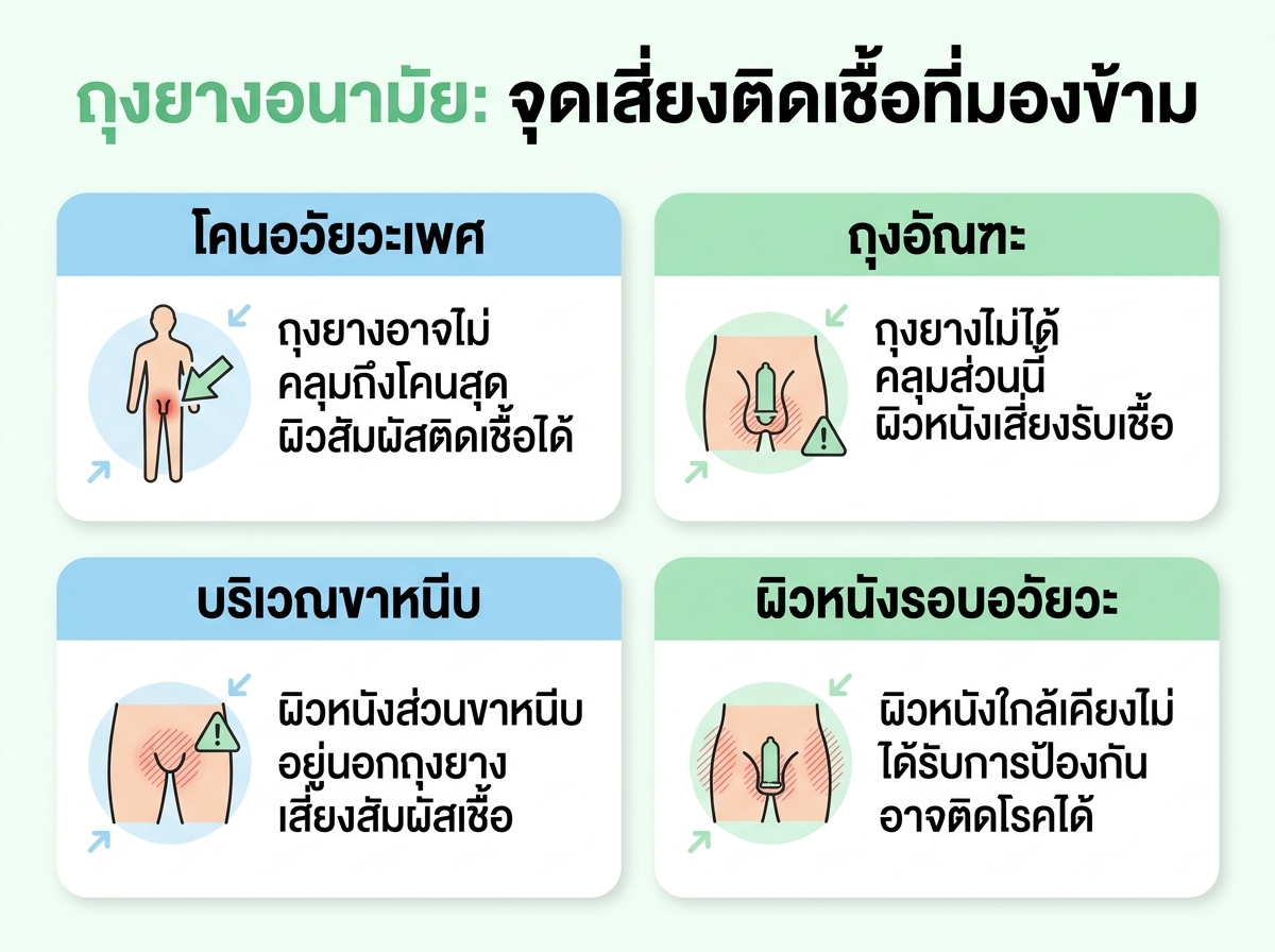ภาพแสดงบริเวณที่ถุงยางอนามัยอาจไม่ครอบคลุมและเกิดการติดเชื้อได้