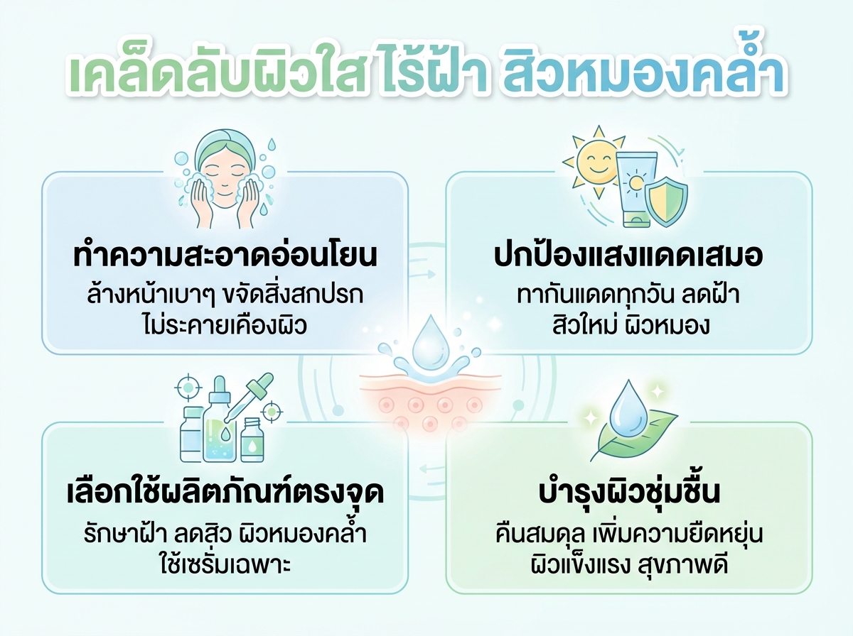 ผู้หญิงดูแลผิวหน้าที่มีฝ้า สิว และผิวหมองคล้ำ