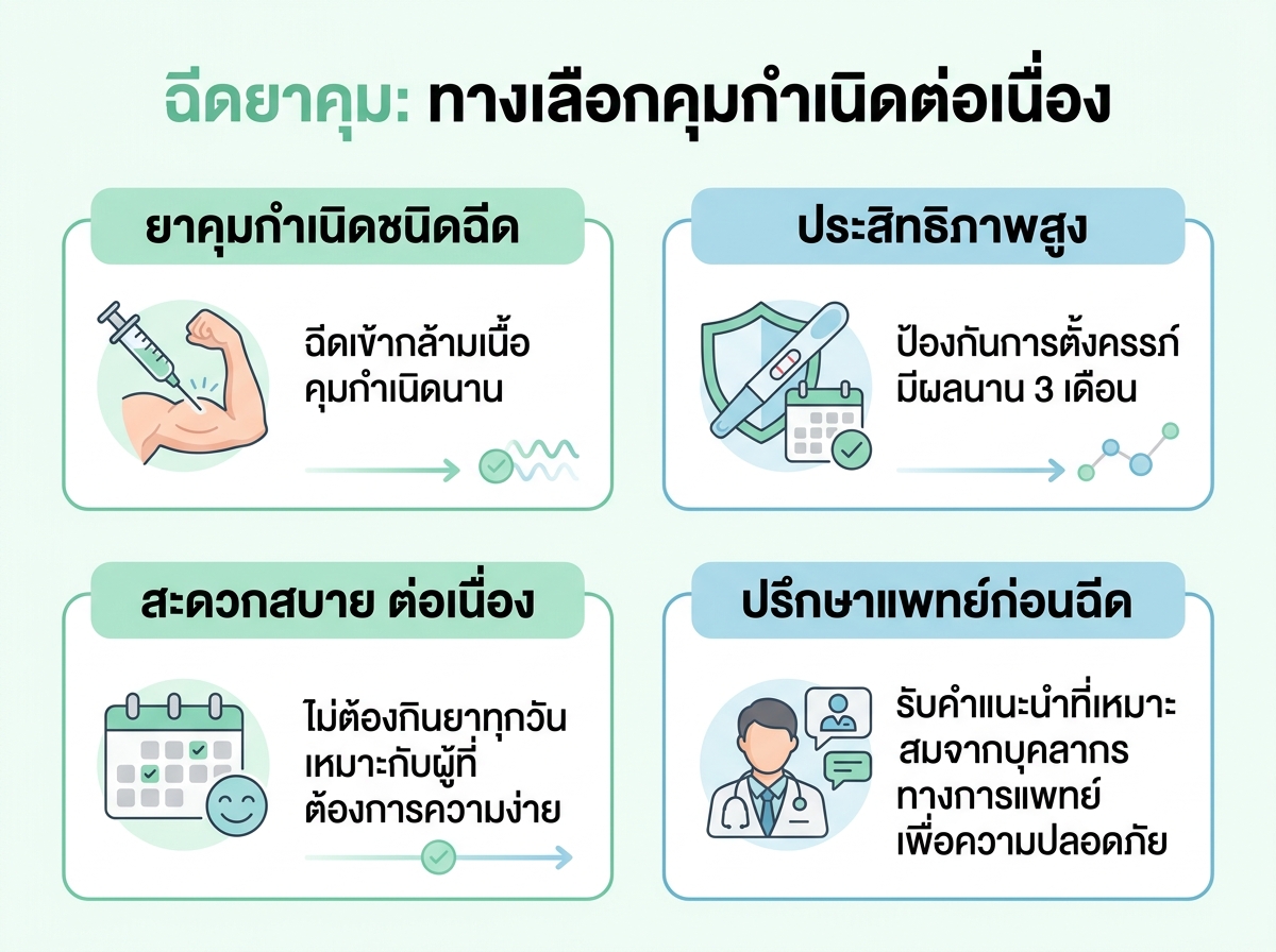 ผู้หญิงกำลังปรึกษาแพทย์เกี่ยวกับการเปลี่ยนวิธีคุมกำเนิดจากยาคุมแบบกินเป็นยาคุมแบบฉีด