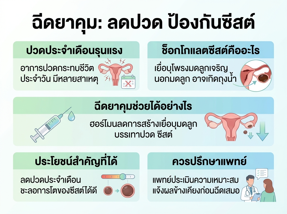ผู้หญิงกำลังปรึกษาแพทย์เรื่องฉีดยาคุมเพื่อลดอาการปวดประจำเดือนและช็อกโกแลตซีสต์