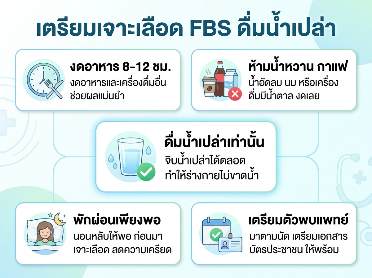 ผู้ป่วยกำลังเตรียมตัวเจาะเลือด FBS โดยดื่มน้ำเปล่าเพื่อเตรียมพร้อม