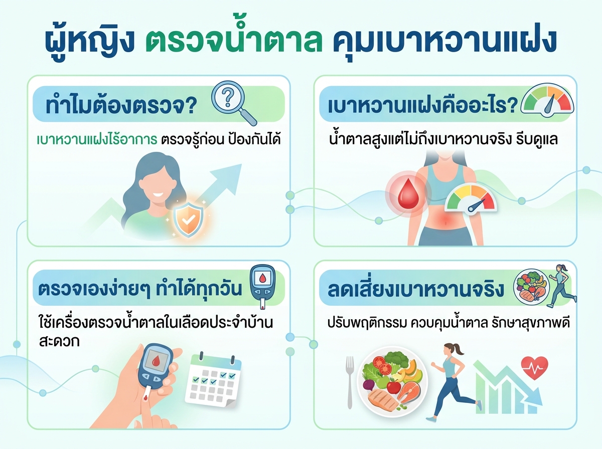 ผู้หญิงกำลังตรวจระดับน้ำตาลในเลือดด้วยตนเอง เพื่อควบคุมเบาหวานแฝง
