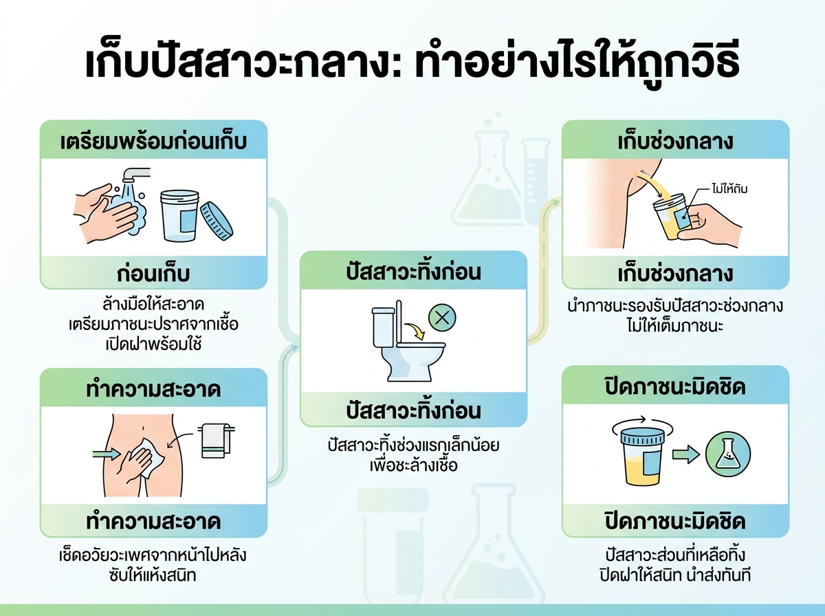 ขั้นตอนการเก็บปัสสาวะช่วงกลางที่ถูกต้อง