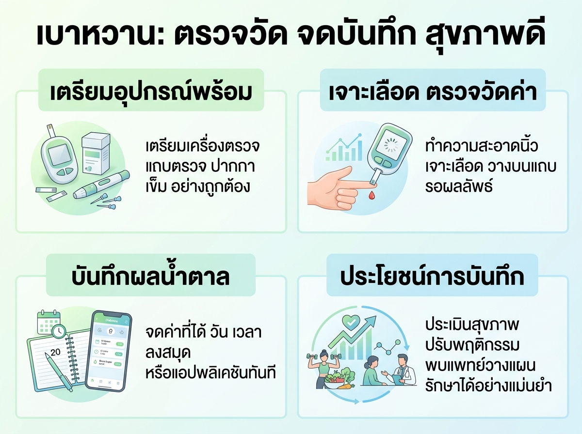 ผู้ป่วยเบาหวานกำลังตรวจระดับน้ำตาลในเลือดด้วยตนเองและจดบันทึก