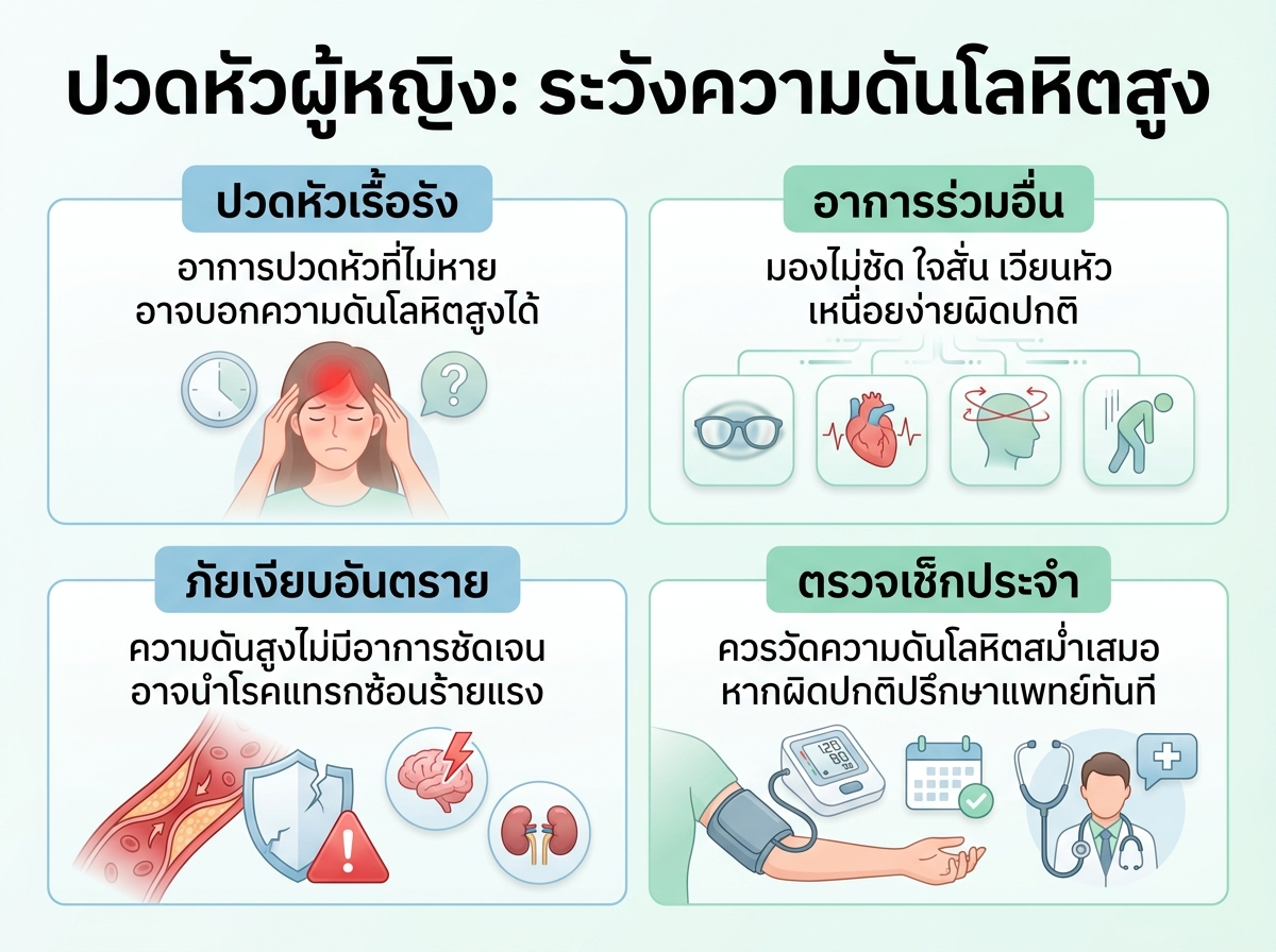 ผู้หญิงรู้สึกปวดหัว ตรวจสอบความดันโลหิต สัญญาณเตือนความดันโลหิตสูง