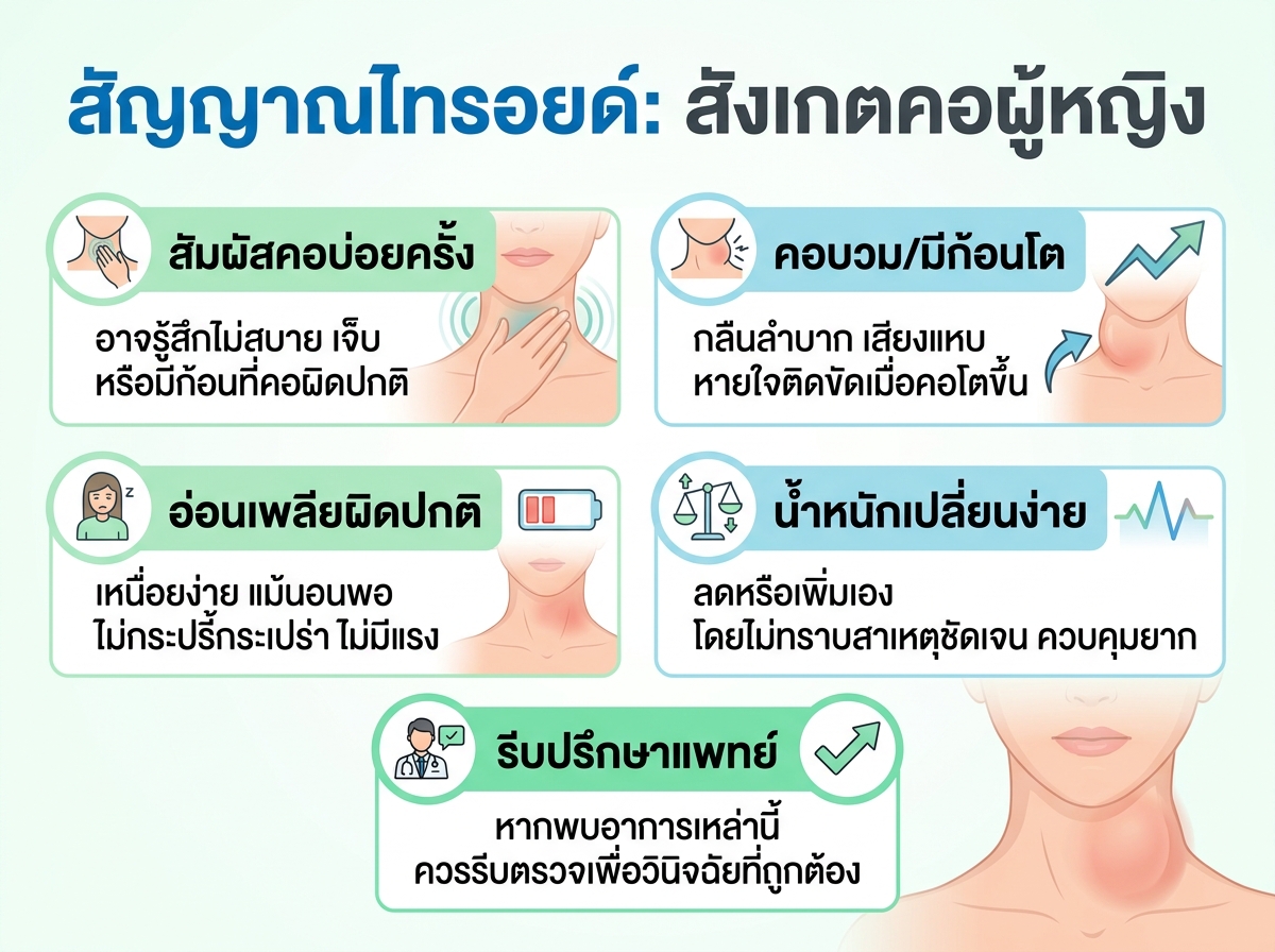 ผู้หญิงสัมผัสลำคอแสดงอาการไทรอยด์