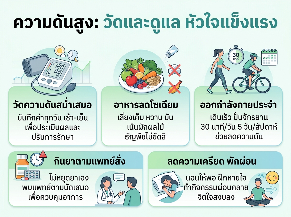 ผู้ป่วยโรคความดันโลหิตสูงกำลังวัดความดันและดูแลสุขภาพ