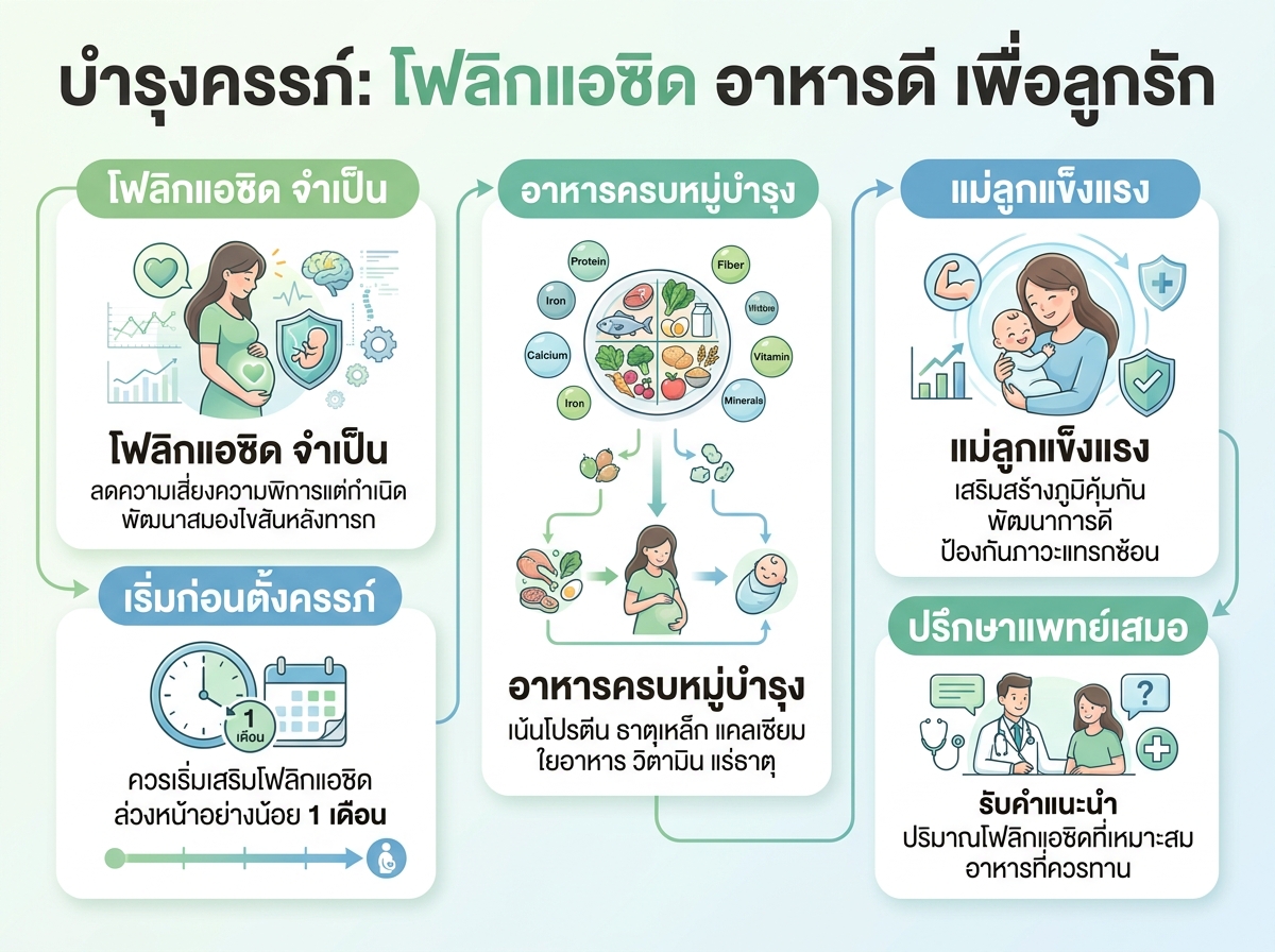 ผู้หญิงกำลังกินอาหารบำรุงครรภ์พร้อมวิตามินโฟลิคแอซิด