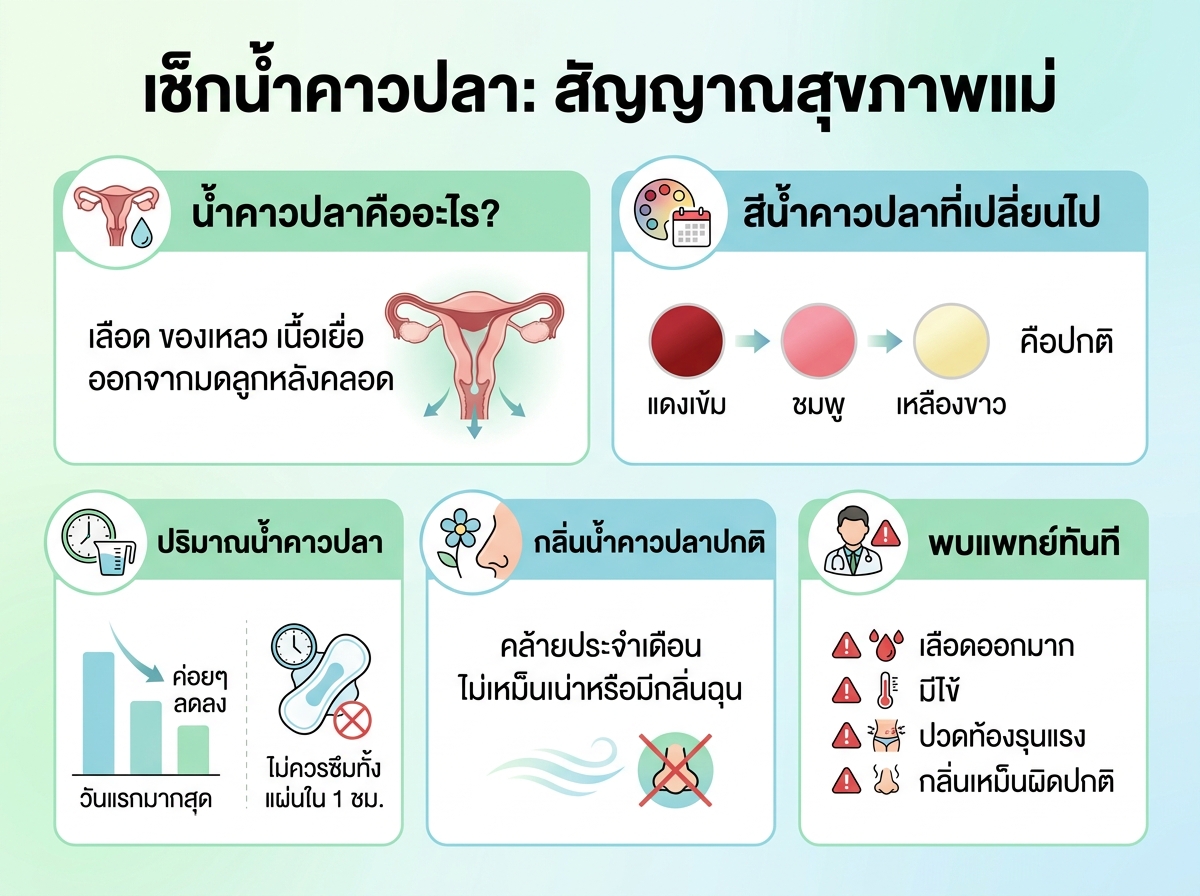 แม่หลังคลอดกำลังตรวจน้ำคาวปลาในผ้าอนามัย
