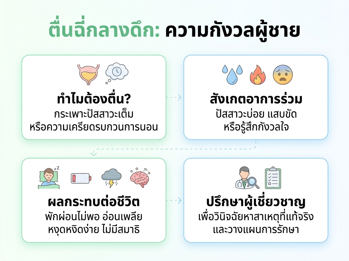 ผู้ชายกำลังตื่นมาฉี่กลางดึกด้วยความกังวลใจ