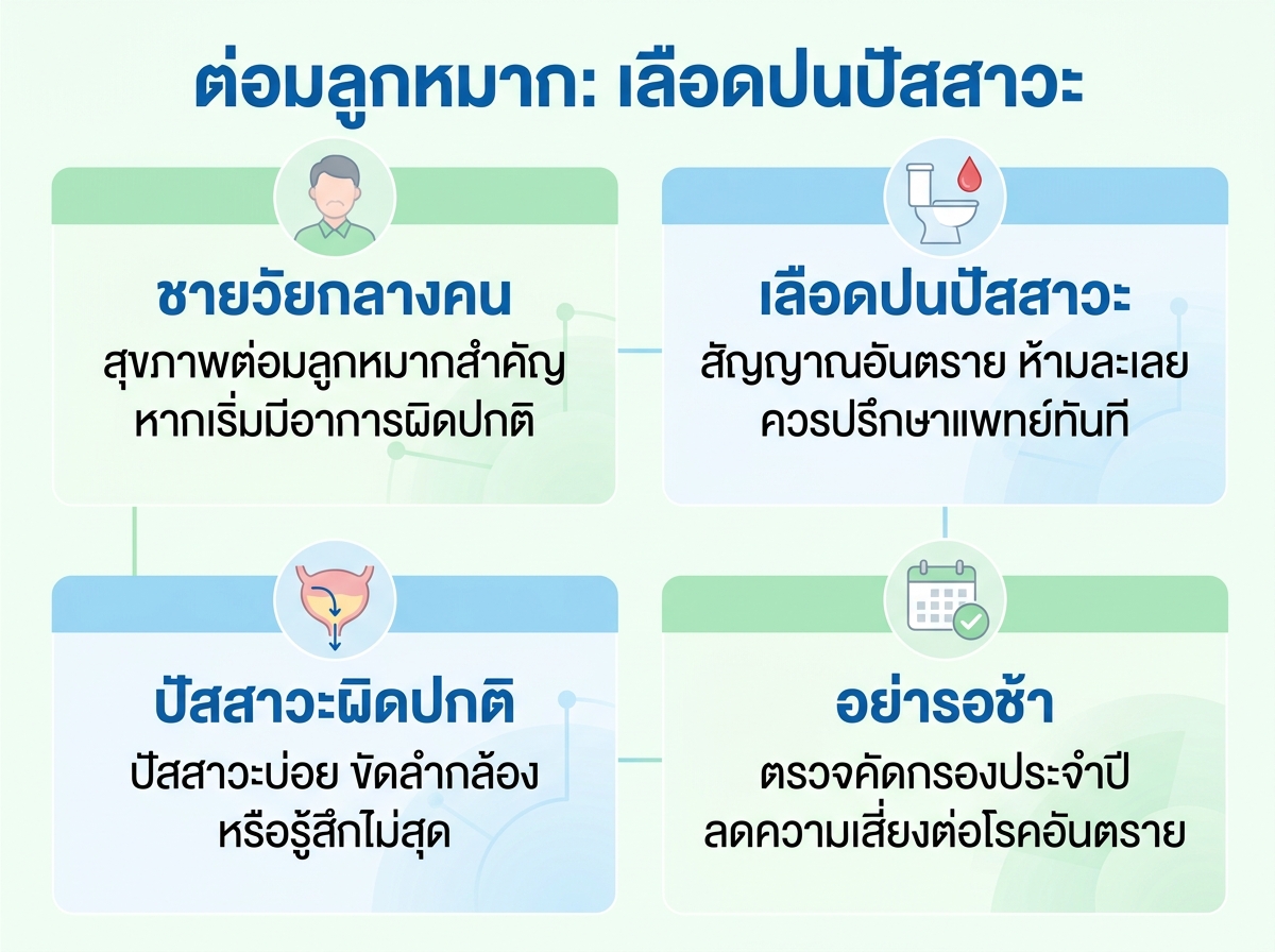 ชายวัยกลางคนกำลังกังวลเกี่ยวกับสุขภาพต่อมลูกหมาก, เลือดในปัสสาวะ