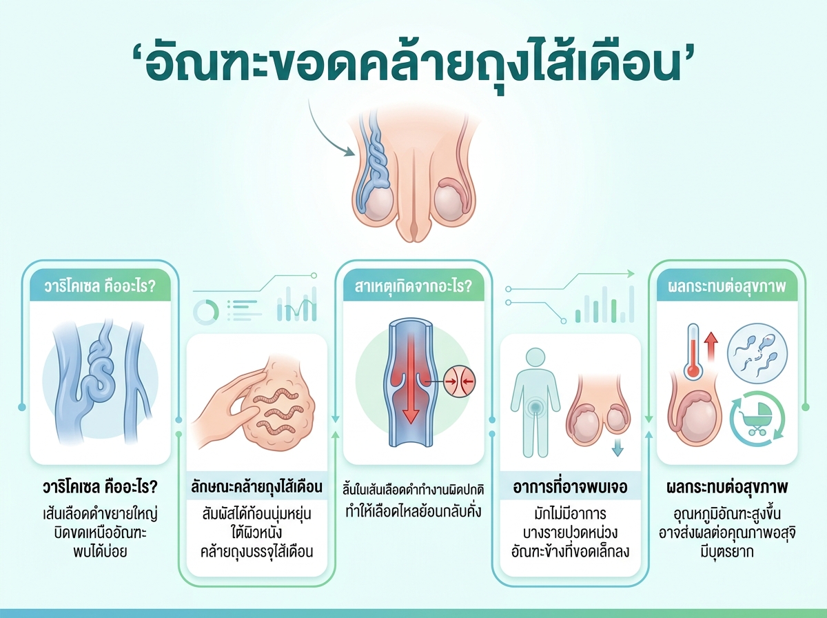 ภาพแสดงเส้นเลือดขอดเหนืออัณฑะ (Varicocele) ลักษณะคล้ายถุงใส่ไส้เดือน