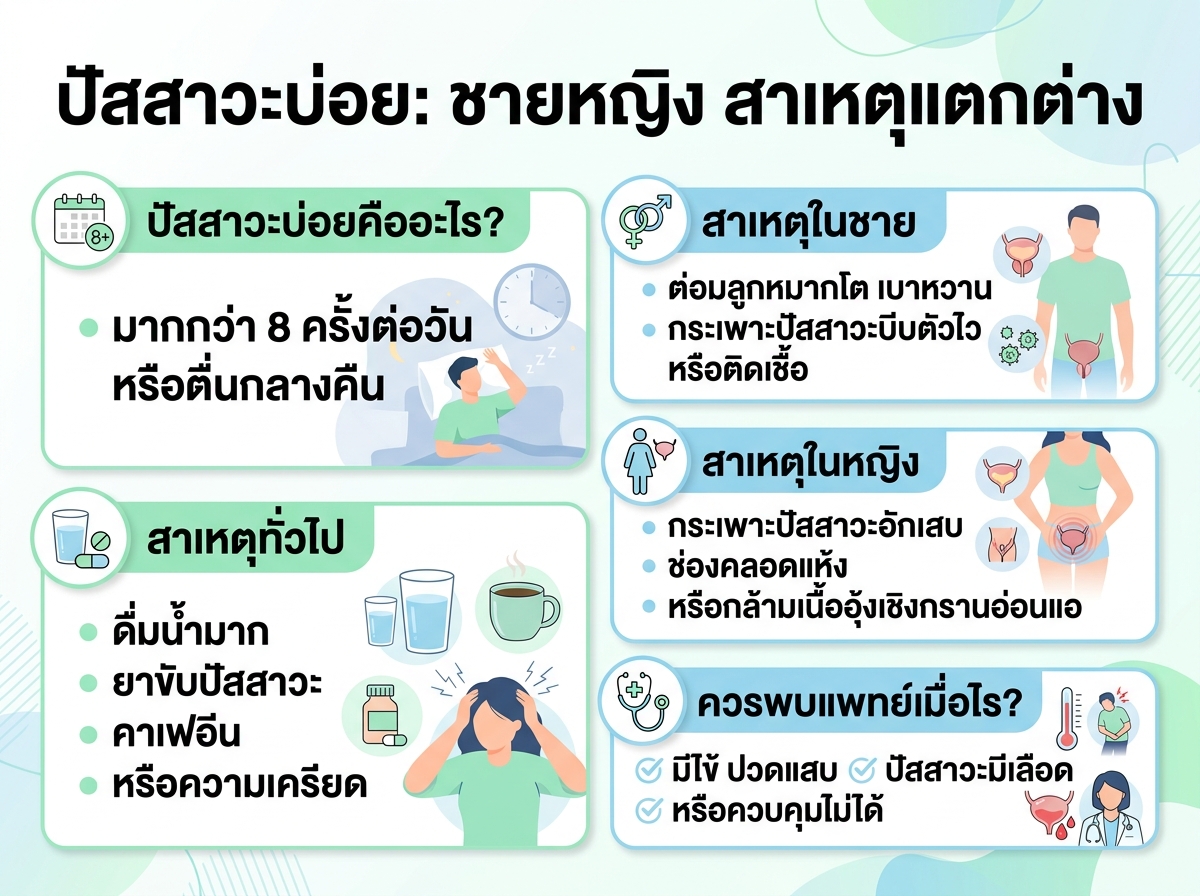 ภาพประกอบแสดงอาการปัสสาวะบ่อยในชายและหญิงพร้อมสัญลักษณ์บ่งชี้ความแตกต่างของสาเหตุ