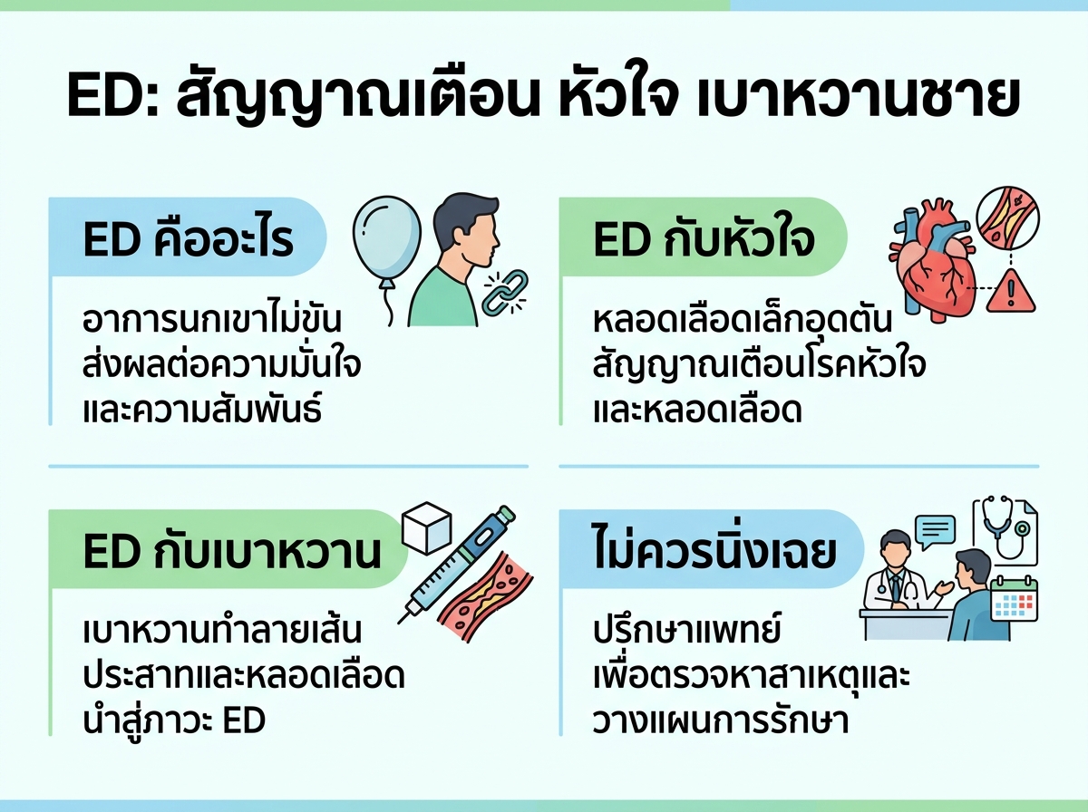 ผู้ชายกำลังครุ่นคิดถึงปัญหาภาวะ ED และผลกระทบต่อสุขภาพหัวใจและเบาหวาน