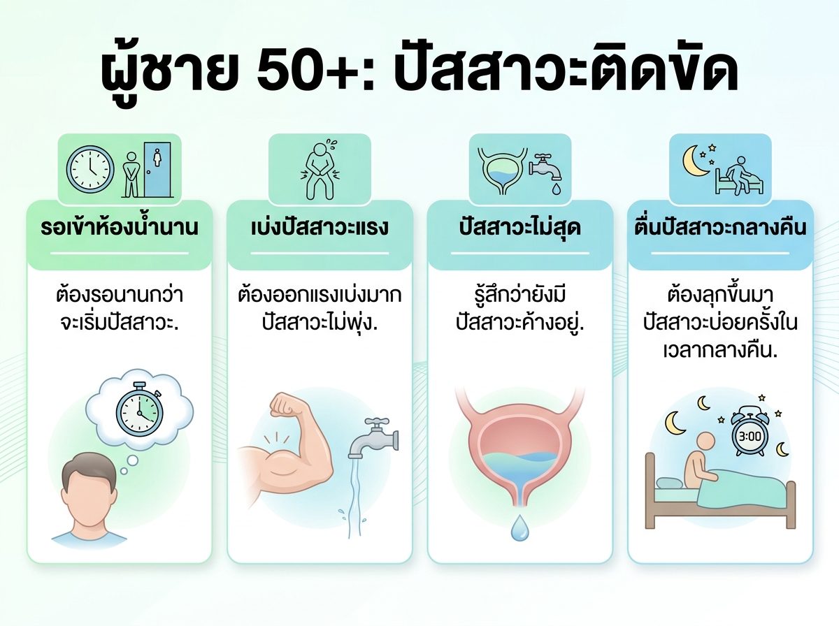 ผู้ชายวัย 50+ กำลังยืนรอเข้าห้องน้ำนานและเบ่งปัสสาวะ