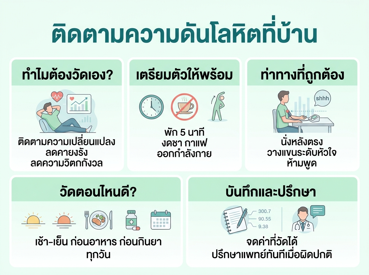 ผู้ป่วยกำลังวัดความดันโลหิตที่บ้านเพื่อติดตามอาการ