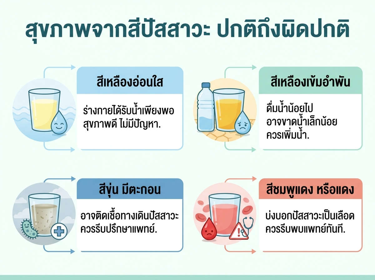 ภาพแสดงสีปัสสาวะที่แตกต่างกัน ตั้งแต่ปกติถึงปัสสาวะเป็นเลือด
