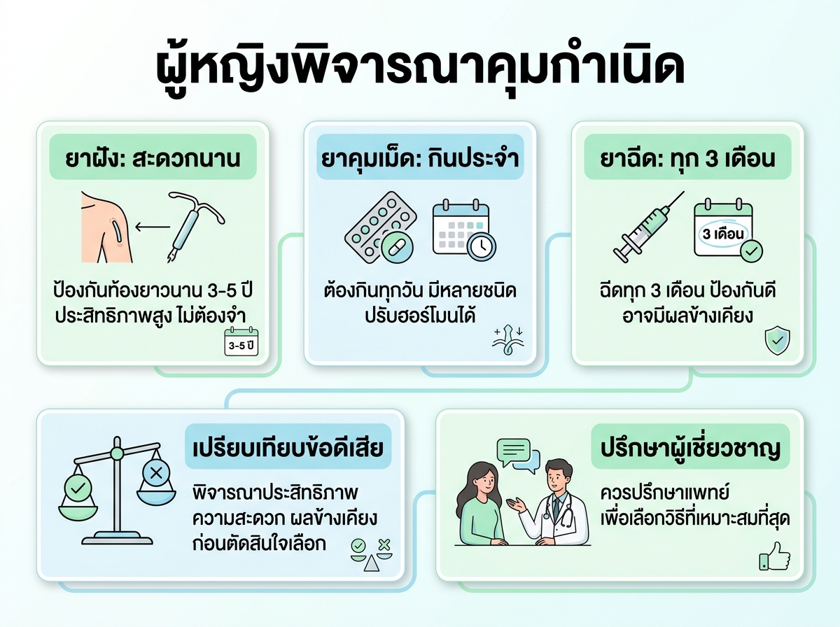 ผู้หญิงกำลังพิจารณาและเปรียบเทียบวิธีการคุมกำเนิดรูปแบบต่างๆ เช่น การฝังยาคุม ยากิน และยาฉีด