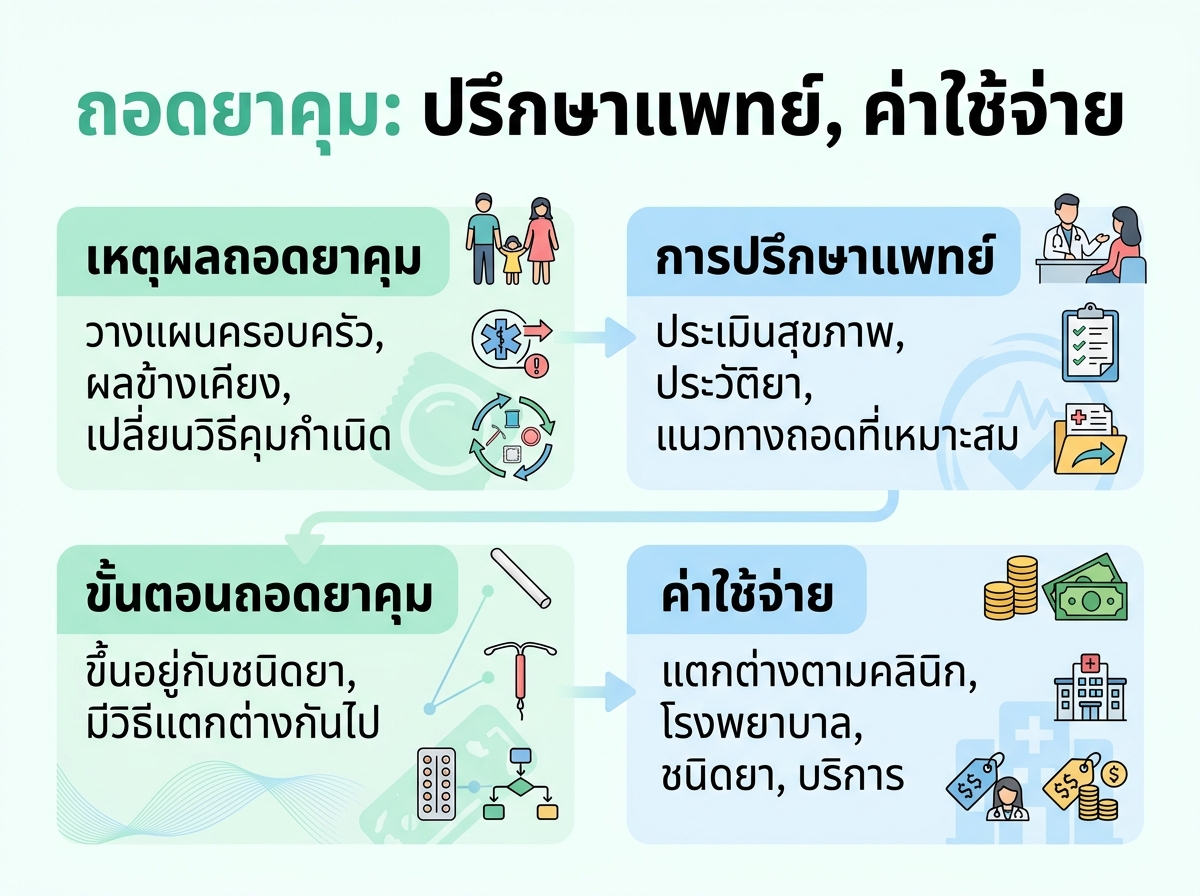 แพทย์กำลังให้คำปรึกษาเกี่ยวกับการถอดยาคุมกำเนิดและค่าใช้จ่าย