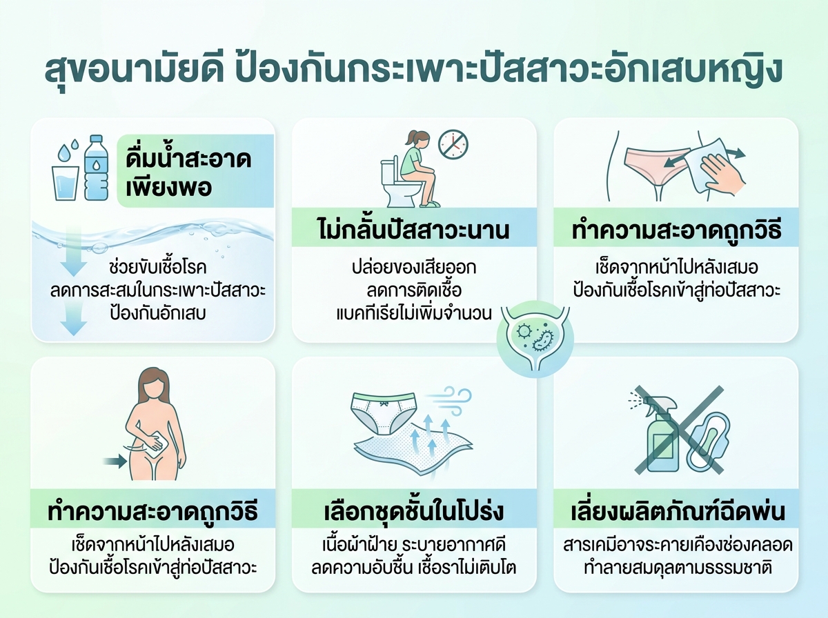 ผู้หญิงกำลังดื่มน้ำและดูแลสุขอนามัยเพื่อป้องกันกระเพาะปัสสาวะอักเสบ