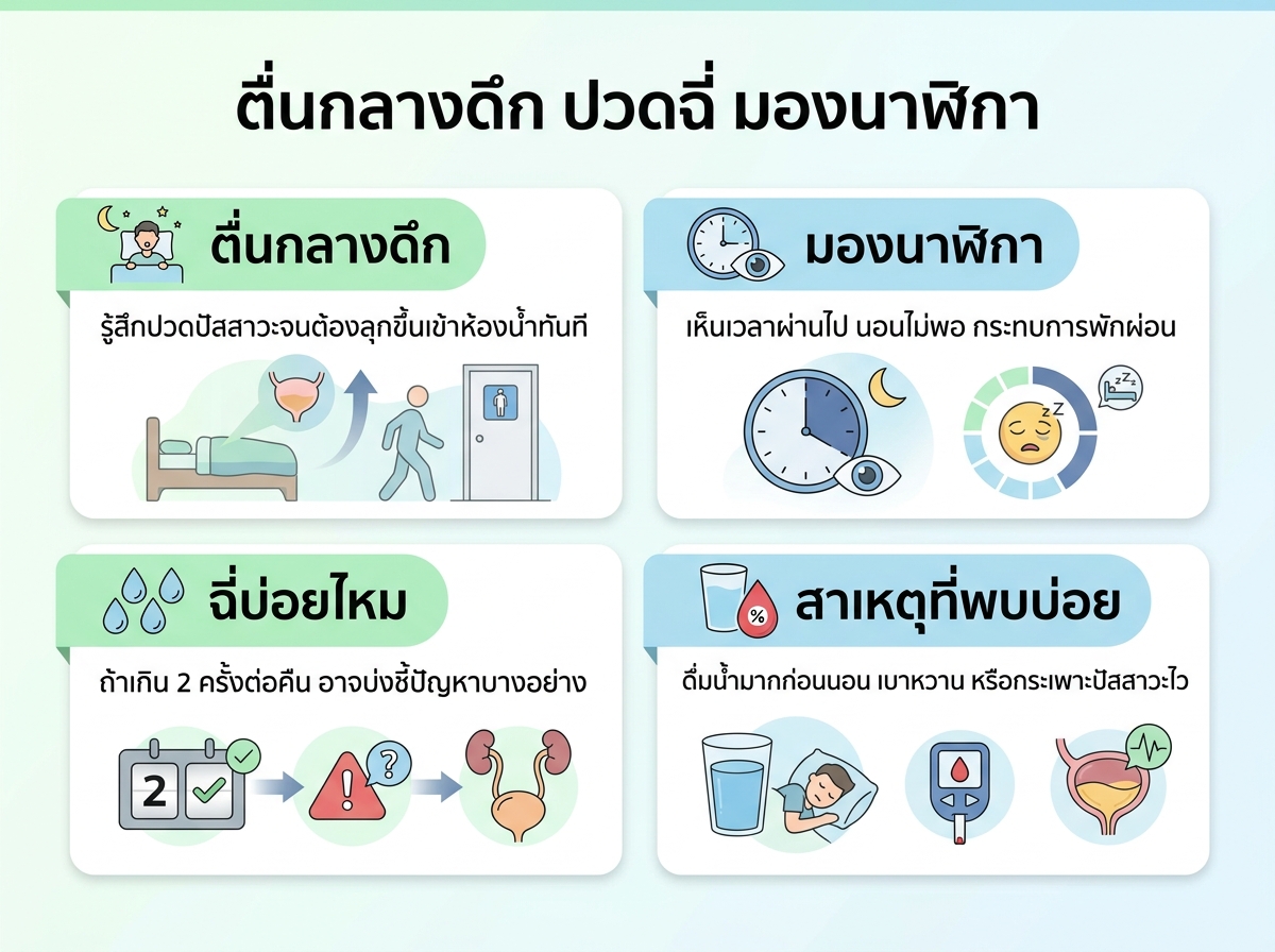 ผู้หญิงตื่นกลางดึกเพราะปวดปัสสาวะและมองนาฬิกา