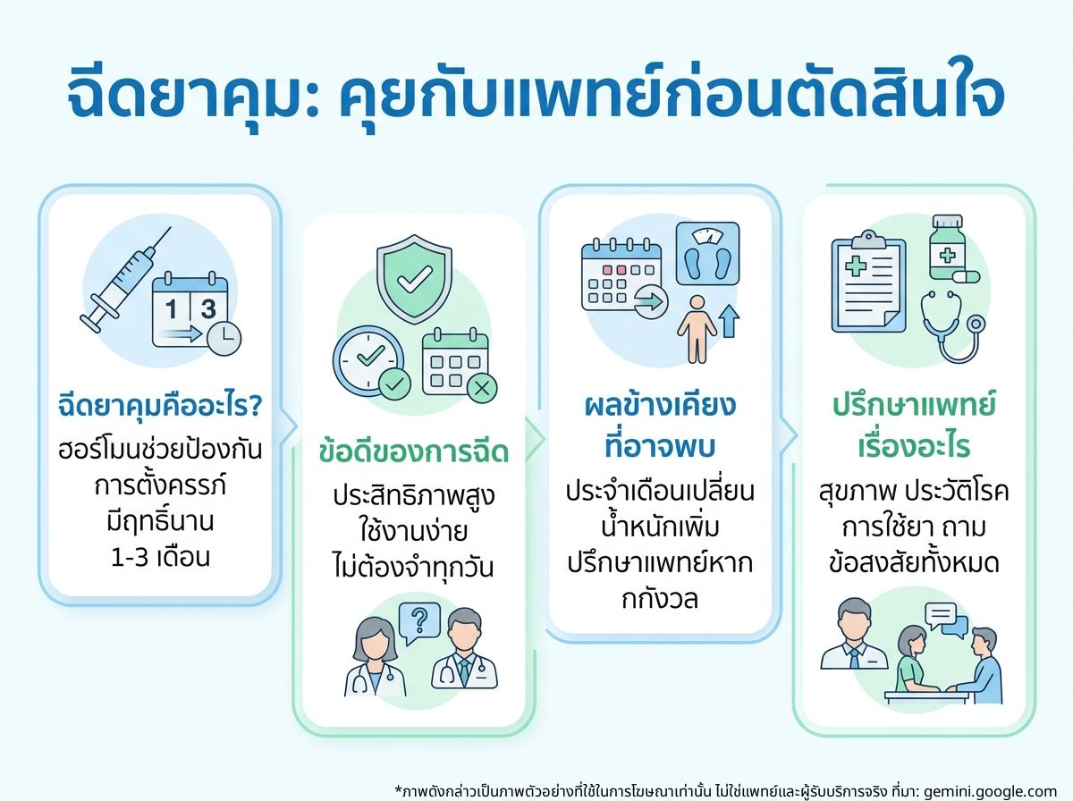 ผู้หญิงกำลังพูดคุยกับแพทย์เกี่ยวกับการฉีดยาคุมกำเนิด
