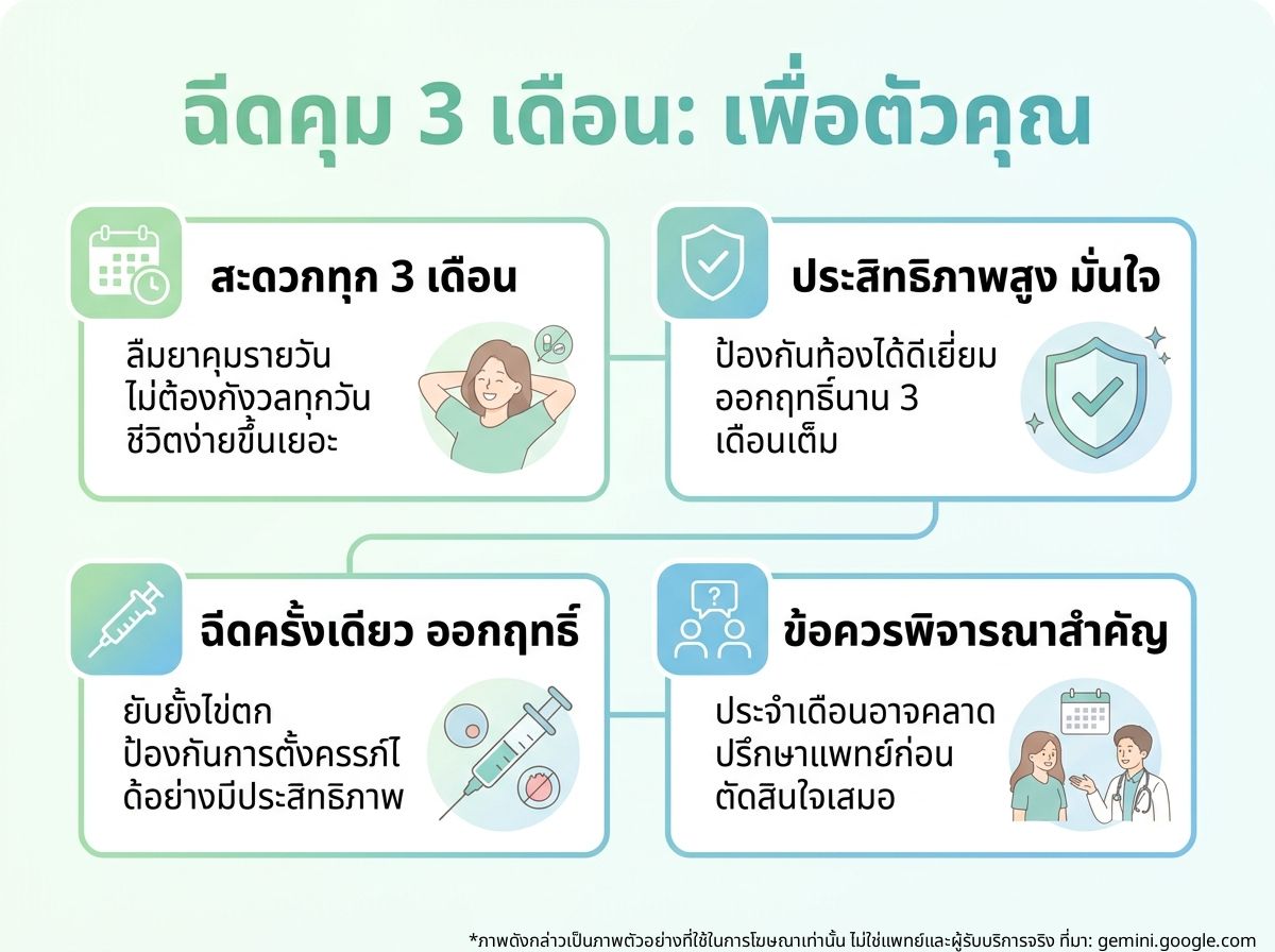 ผู้หญิงกำลังกอดตัวเองพร้อมกับคิดถึงการฉีดยาคุมแบบ 3 เดือน