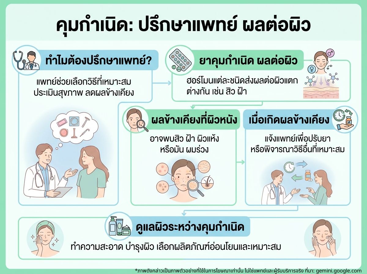 แพทย์กำลังให้คำปรึกษาเกี่ยวกับการคุมกำเนิดและผลข้างเคียงต่อผิว