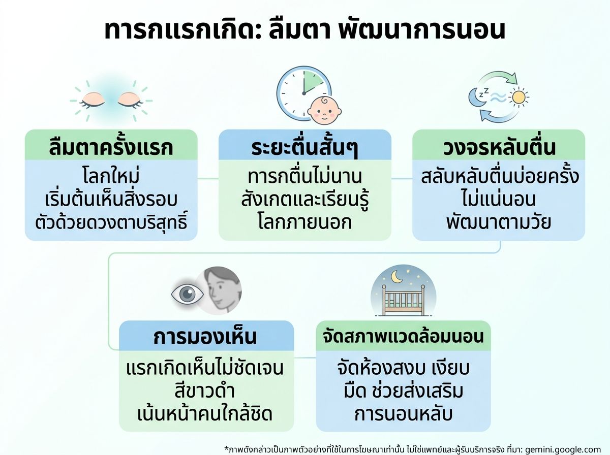 ทารกแรกเกิดกำลังลืมตาและพัฒนาการการนอนหลับ