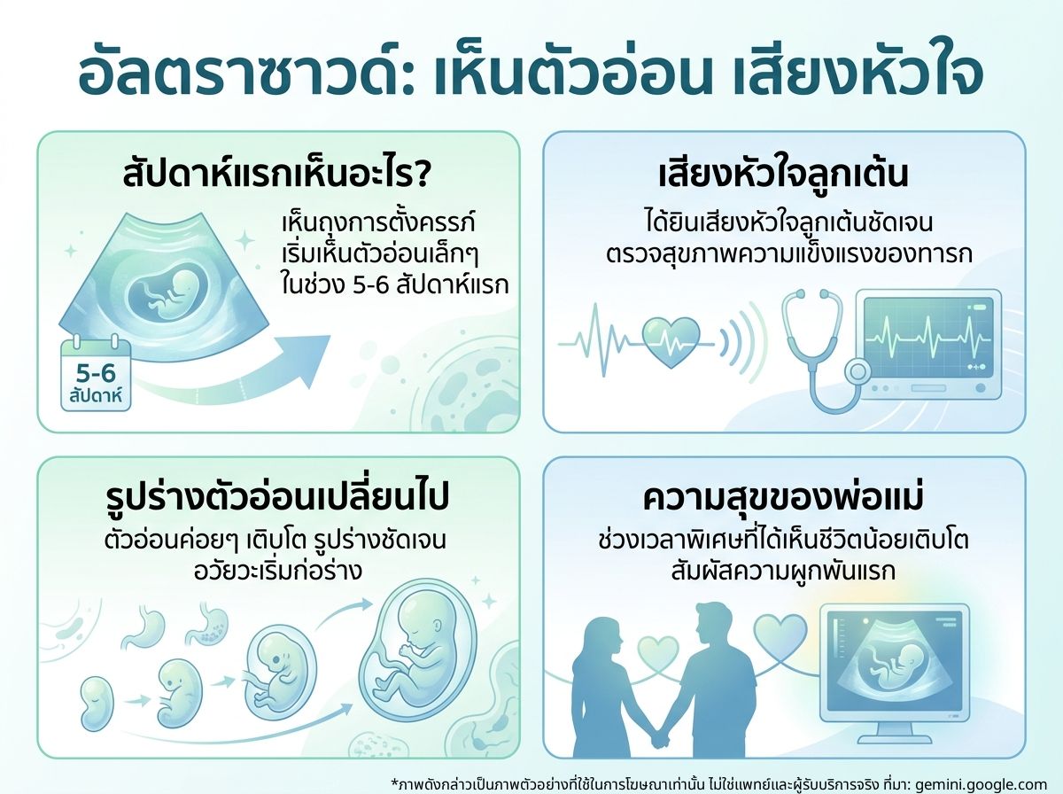 ภาพอัลตราซาวด์เห็นตัวอ่อนและเสียงหัวใจลูกเต้น