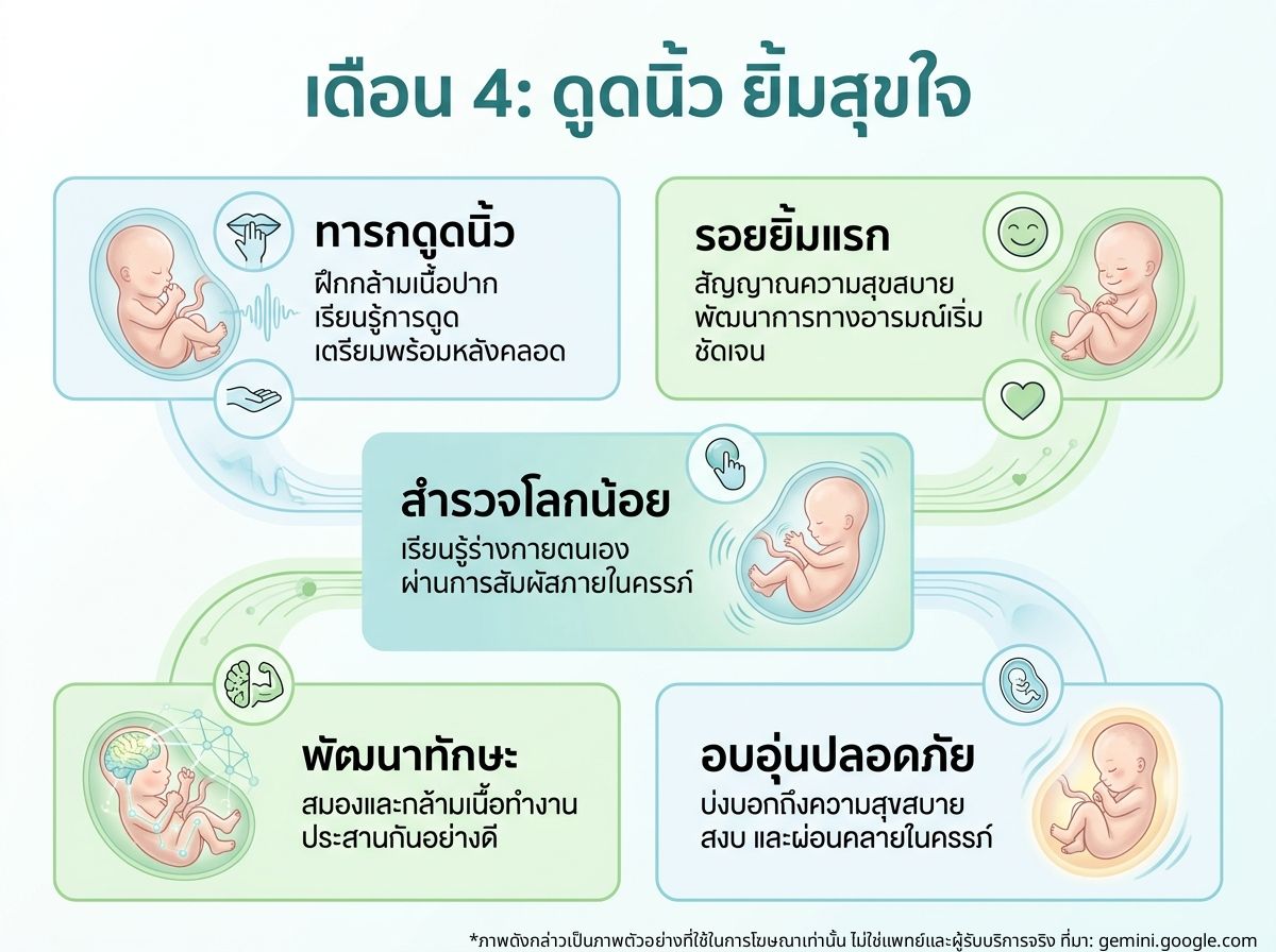 ทารกในครรภ์กำลังดูดนิ้วและยิ้มอย่างน่ารักในเดือนที่ 4