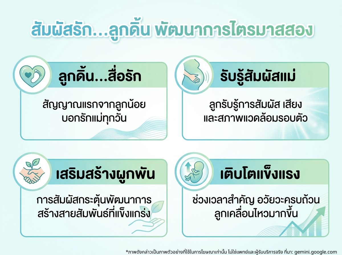 คุณแม่ตั้งครรภ์กำลังสัมผัสท้องและลูกน้อยเริ่มดิ้น สื่อถึงการเชื่อมโยงและพัฒนาการของทารกในไตรมาสที่สอง
