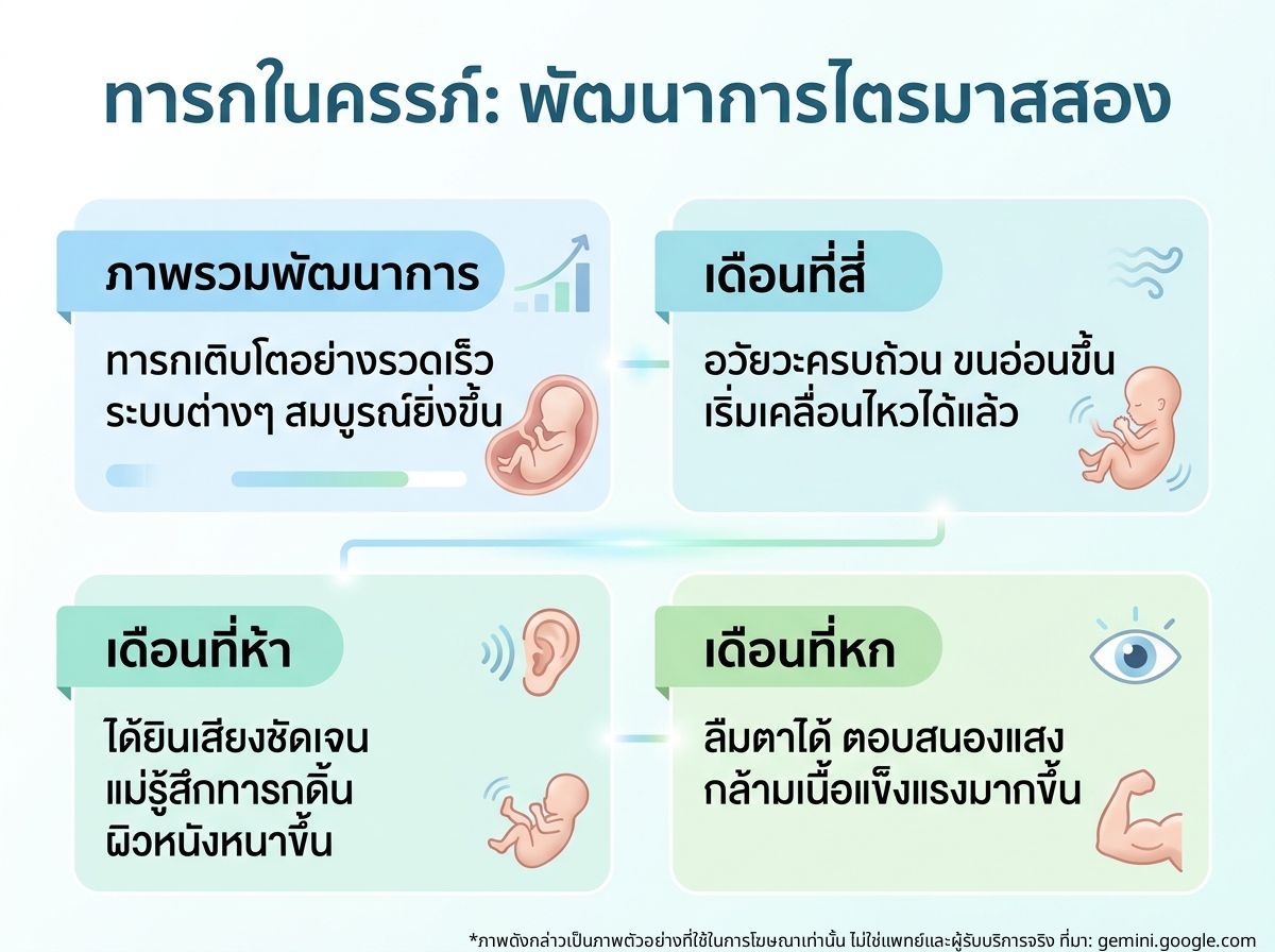 ภาพแสดงพัฒนาการของทารกในครรภ์ช่วงไตรมาสที่สองพร้อมรายละเอียดในแต่ละเดือน
