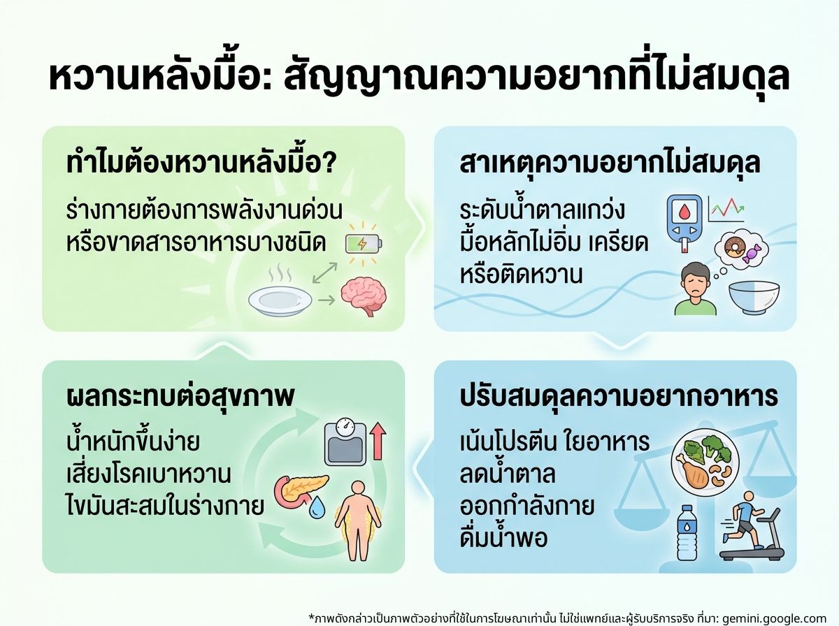 ผู้หญิงกำลังคิดถึงของหวานหลังมื้ออาหาร แสดงถึงความอยากอาหารที่ไม่สมดุล