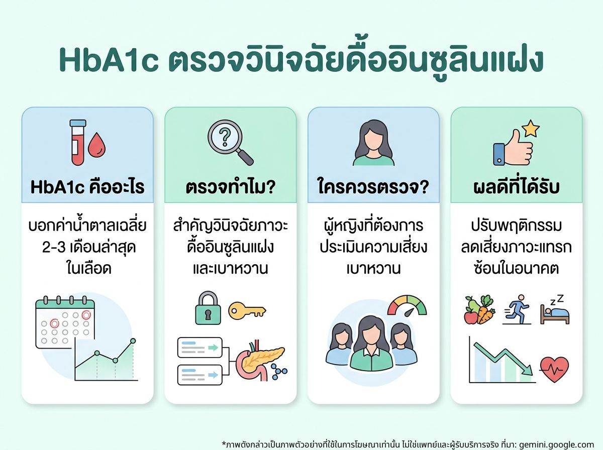 ผู้หญิงกำลังเข้ารับการตรวจเลือดเพื่อหาค่าน้ำตาลสะสม HbA1c ซึ่งเป็นสิ่งสำคัญในการวินิจฉัยภาวะดื้ออินซูลินแฝง